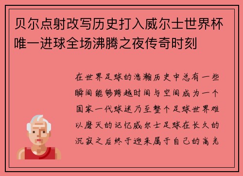贝尔点射改写历史打入威尔士世界杯唯一进球全场沸腾之夜传奇时刻