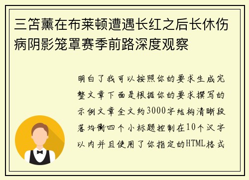 三笘薰在布莱顿遭遇长红之后长休伤病阴影笼罩赛季前路深度观察